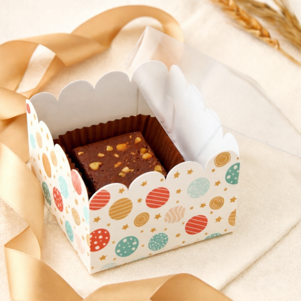 Printed 1 Brownie Box With Transparent Lid (Mixed Design) Pack of 10