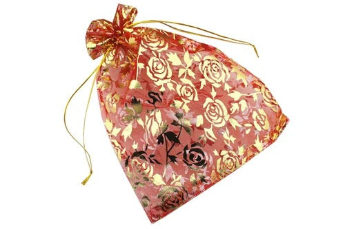 10x14 CM | Printed Organza Potli Bags | Red Colour | Candy Bag |Pack of 10