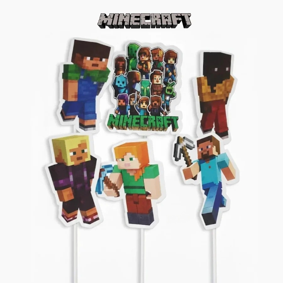 Minecraft Game Theme Paper Cake Toppers | Minecraft Gamer Decorations | Video Game Inspired Cake Toppers | Pack of 6