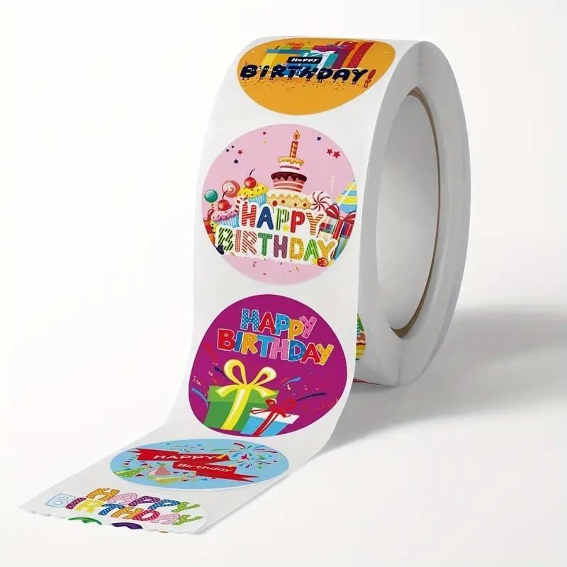 1 inch Round Shape Happy Birthday 500 Stickers for Small Business, Self Adhesive Decoration Stickers for Birthday