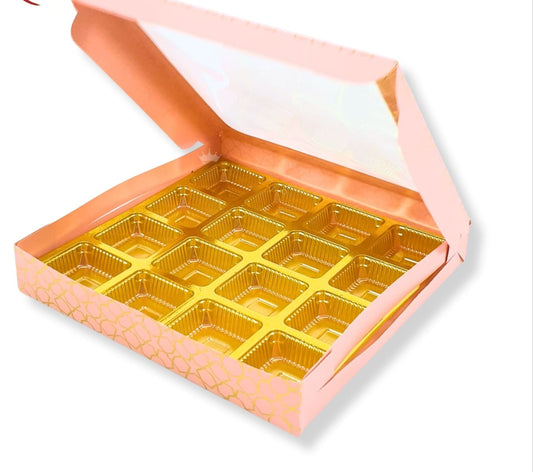 16 Cavity Chocolate Boxes I 7.5 x 7.5 x 1.25 inch I Pink With Golden Foiling (Set of 10)