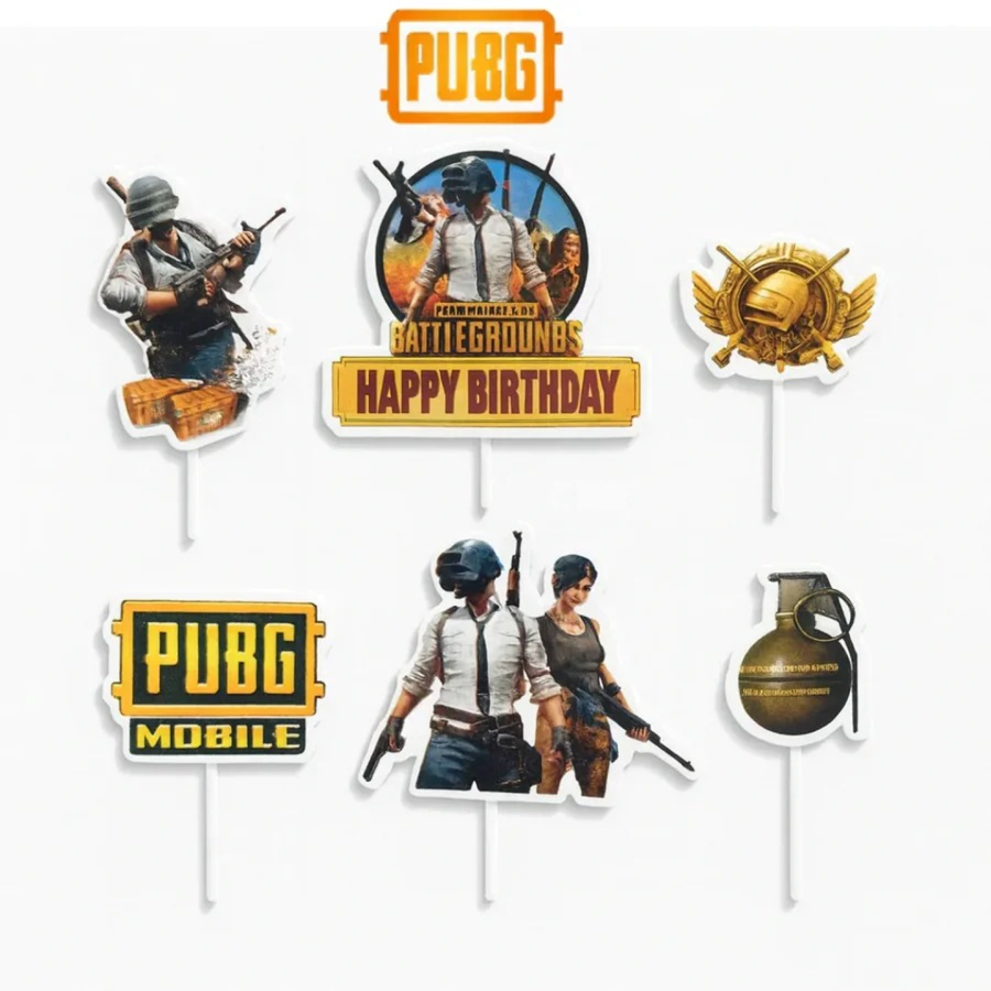 PUBG Game Theme Paper Cake Toppers | PUBG Gamer Decorations | Video Game Inspired Cake Toppers | Pack of 6