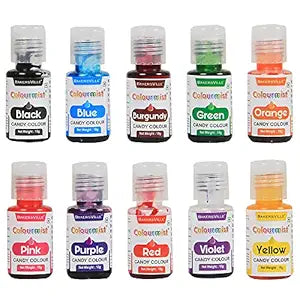 Colourmist Edible Oil Candy Color Assorted 10g each, Pack Of 10 (Black, Pink, Blue, Purple, Burgundy, Red, Green, Violet, Orange, Yellow)