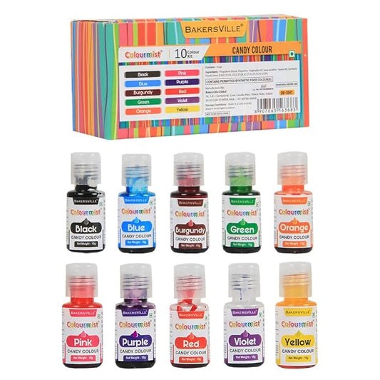 Colourmist Edible Oil Candy Color Assorted 10g each, Pack Of 10 (Black, Pink, Blue, Purple, Burgundy, Red, Green, Violet, Orange, Yellow)