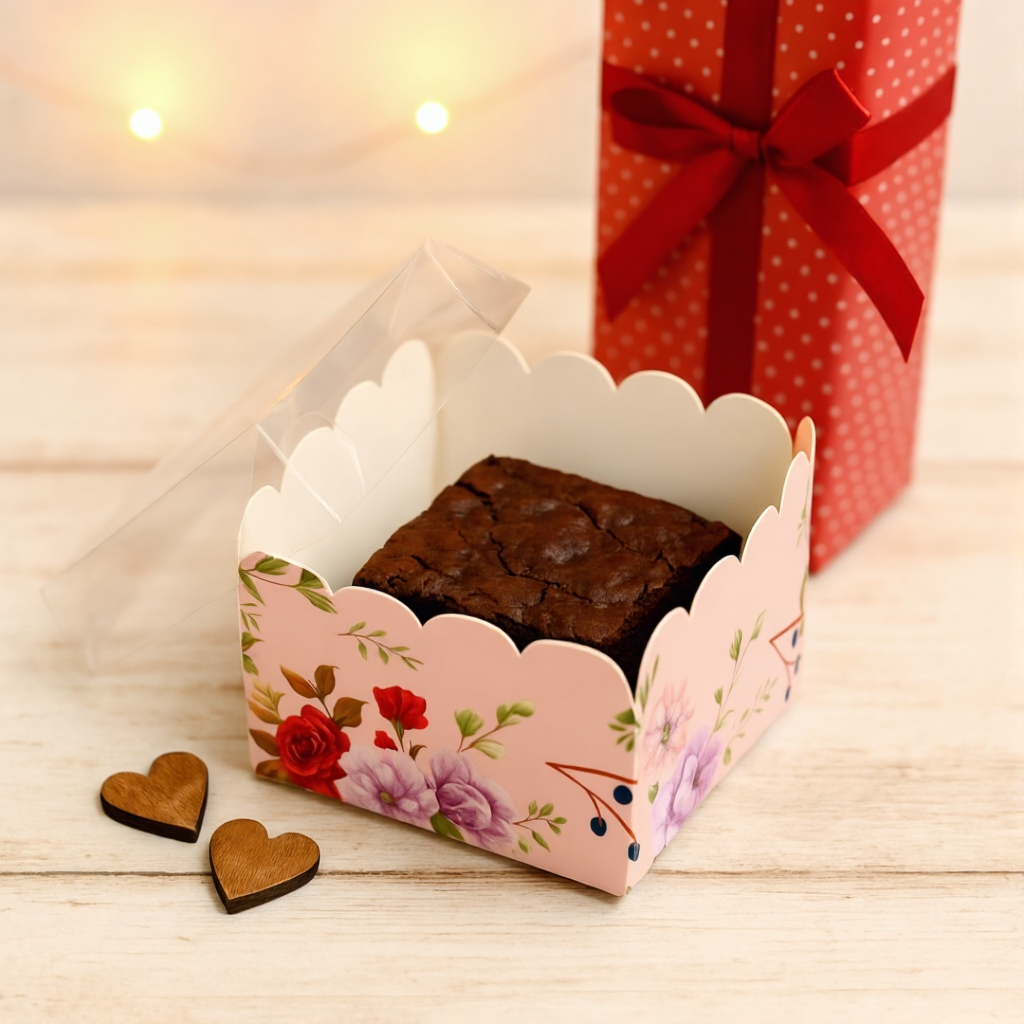 Printed 1 Brownie Box With Transparent Lid (Mixed Design) Pack of 10