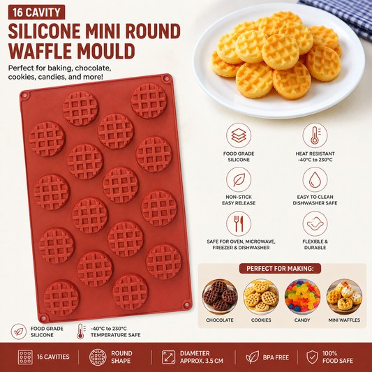 16 Cavity Silicone Mini Round Waffle Mould | Non-Stick Food Grade Silicone Baking Mold for Mini Waffles, Cookies, Chocolates, Candy & Desserts