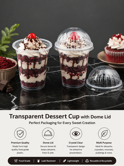Premium Disposable Plastic Dessert Glass with Dome Lid Capacity: 350 ml (Approx.) | Transparent Serving Cup for Ice Cream, Mousse & Sundae