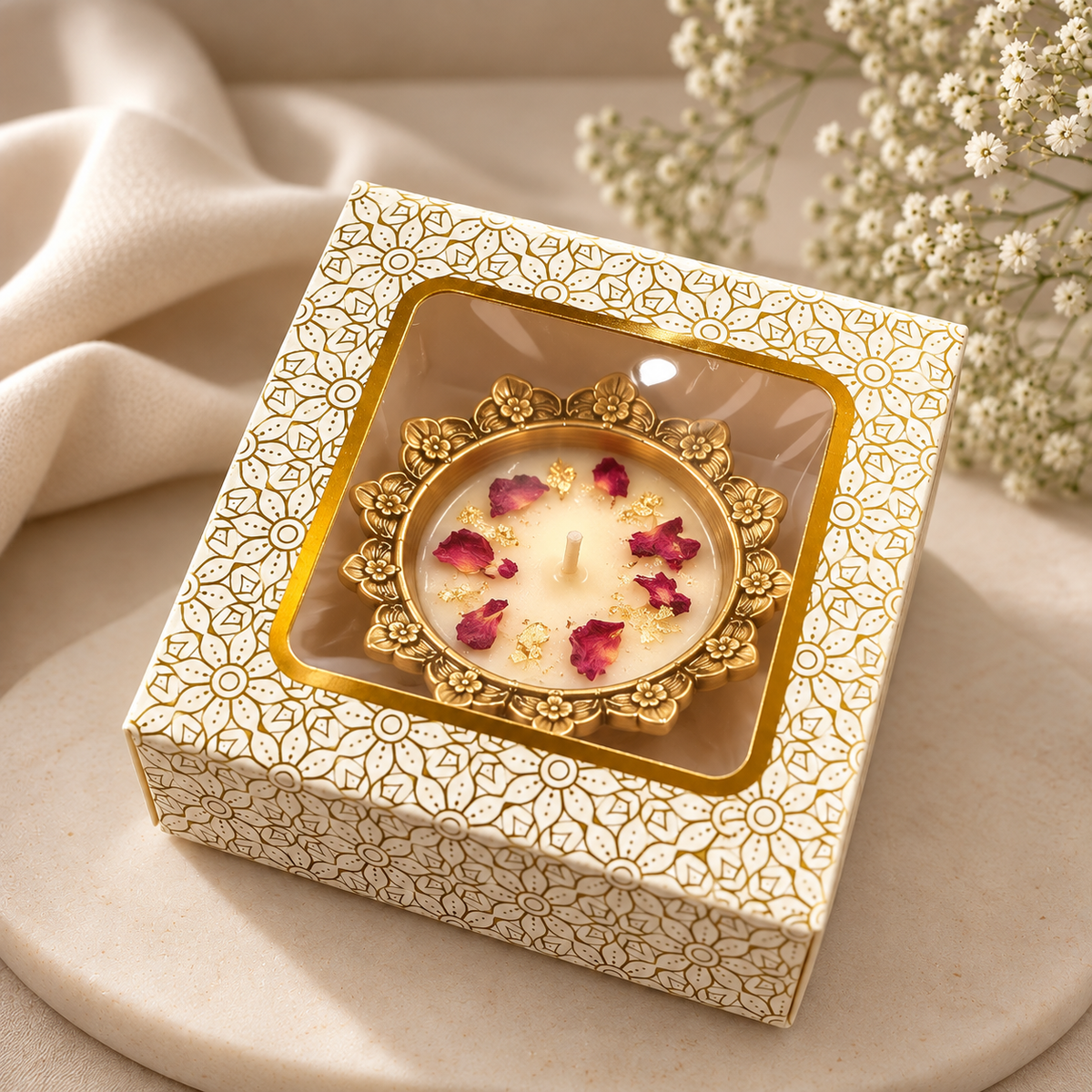 Premium Urli Candle Box with gold foiling work- Size - 5.5*5.5*1.8 inches (Pack of 10)