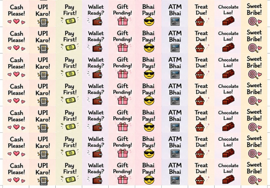 Combo of 6 different cavity size Raksha Bandhan Stickers (70 stickers per sheet, Total - 420 stickers)