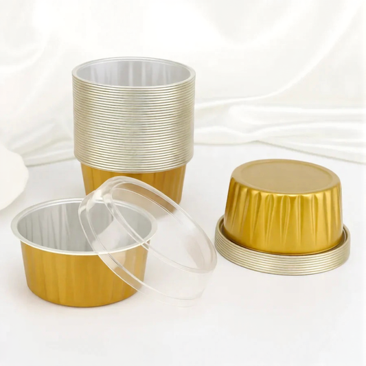 125 ml Gold Round Shape Aluminum Foil Baking Containers with Transparent Lid | Round Tins | Bake N Serve | Pack of 10