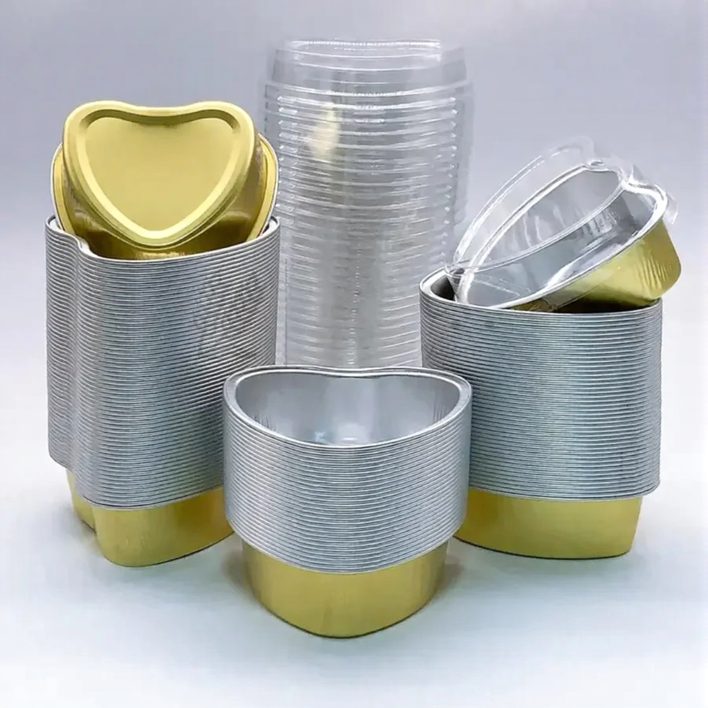 100 ml Gold Colour Heart Shape Aluminum Foil Baking Containers with Transparent Lid | Heart Tins | Bake N Serve | Pack of 10