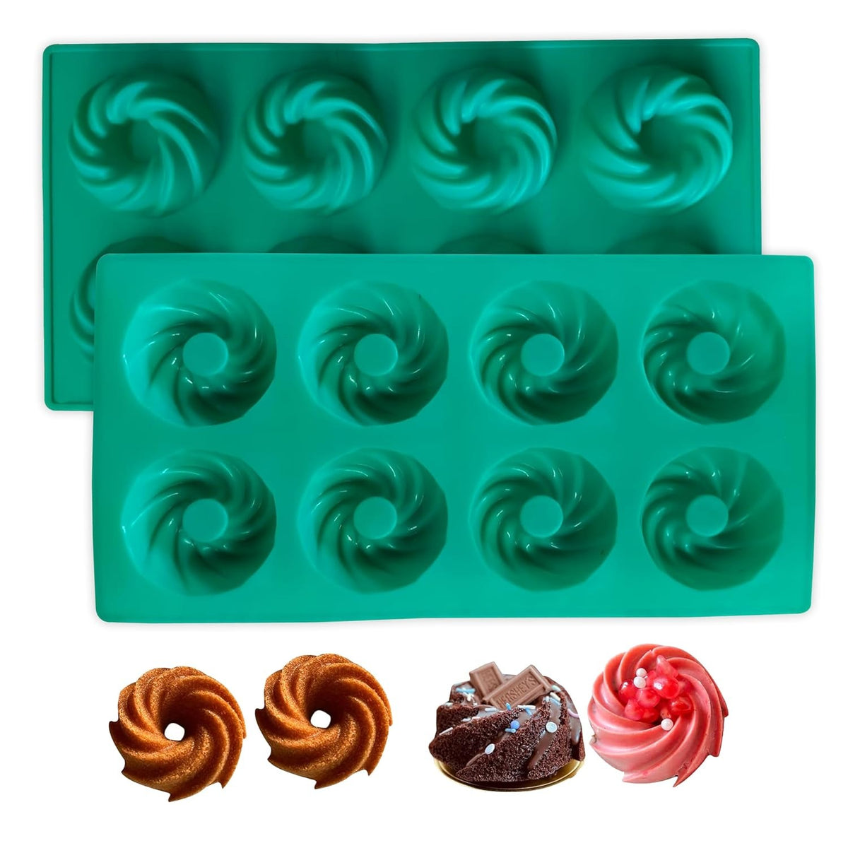 Silicone 8 Cavity Donut Baking Pan|Spiral Donut Cake Mousse Mold| Non Stick Mould for Perfect Shaped Donuts, Muffin, Cake, Biscuit, Bagels - Pack of 1