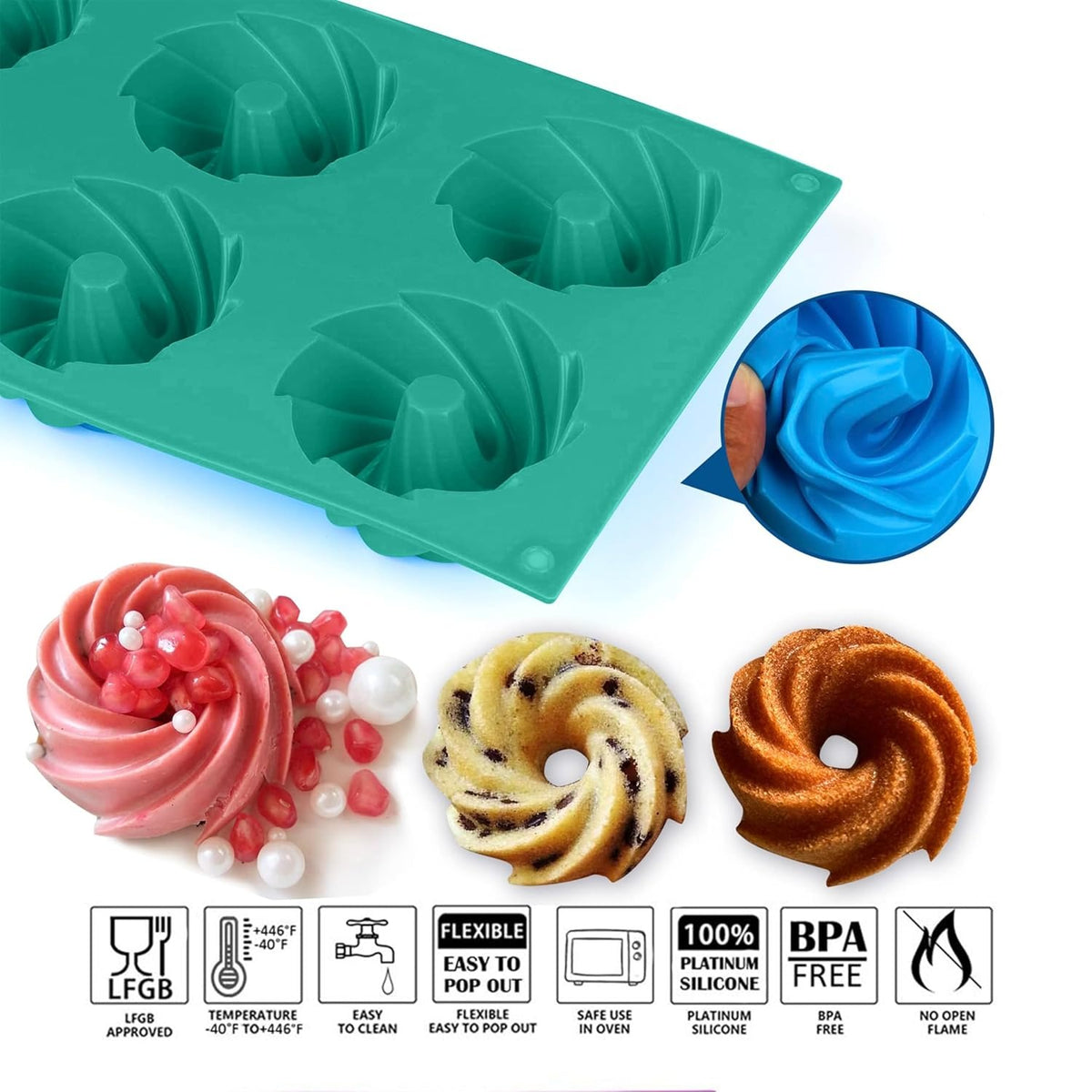 Silicone 8 Cavity Donut Baking Pan|Spiral Donut Cake Mousse Mold| Non Stick Mould for Perfect Shaped Donuts, Muffin, Cake, Biscuit, Bagels - Pack of 1