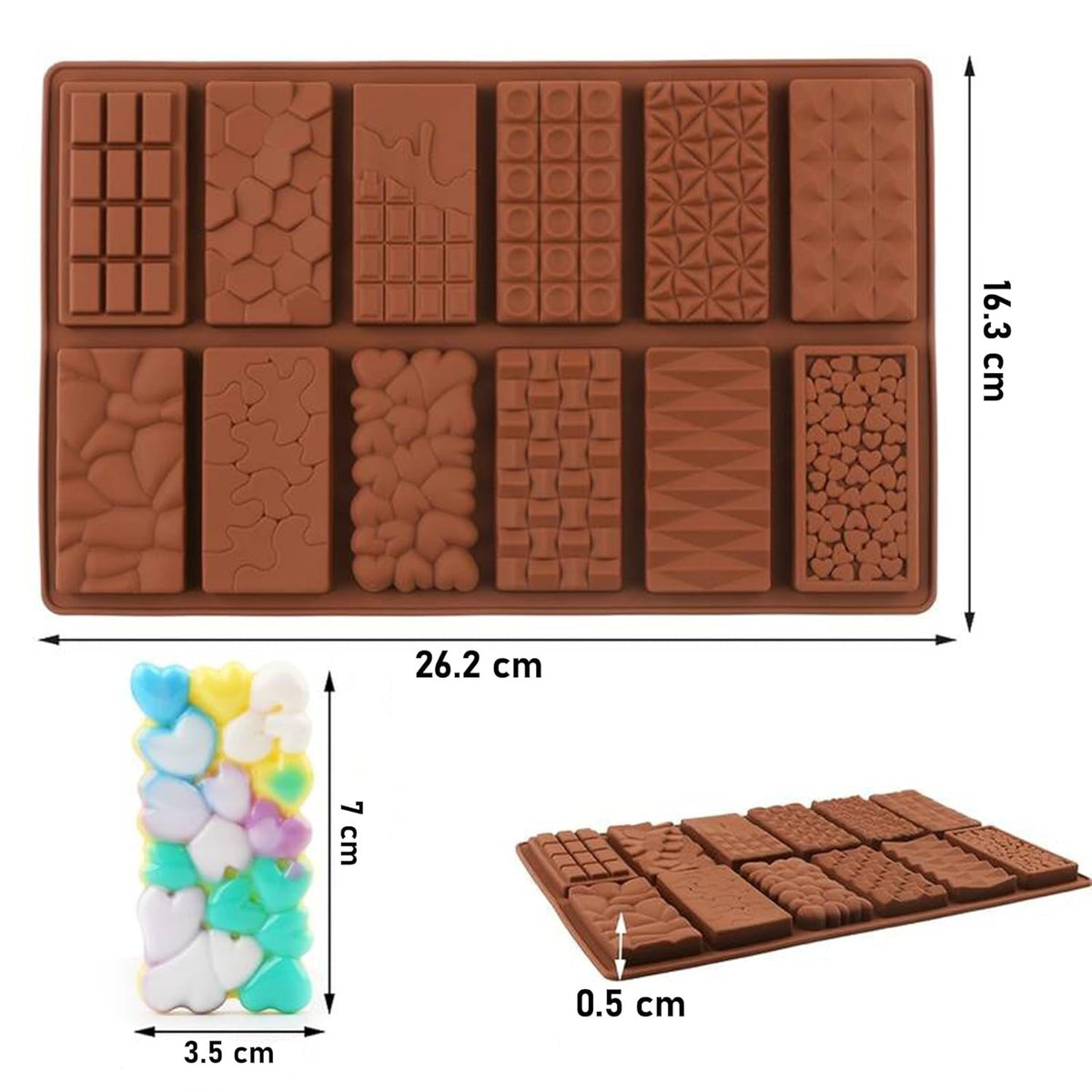 12 Cavity Silicone Chocolate Bar Mold, Break Apart Chocolate Molds Waffle Bar Mould Candy Mold, Mousse Cake Decoration Mold (Pack of 1) 26.2 x 16.3 x 0.5 centimeters