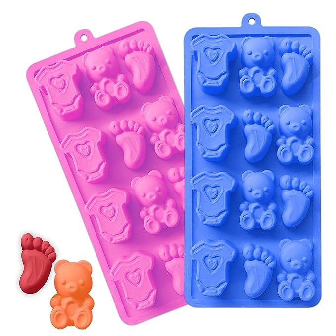 12 Cavity Bear Bodysuit Feet Silicone Candy Mold - Baby Shower Theme Chocolate Ice Cube Tray, Crayons, Fondant Cake, Mini Soap - Flexible Reusable Making Mould