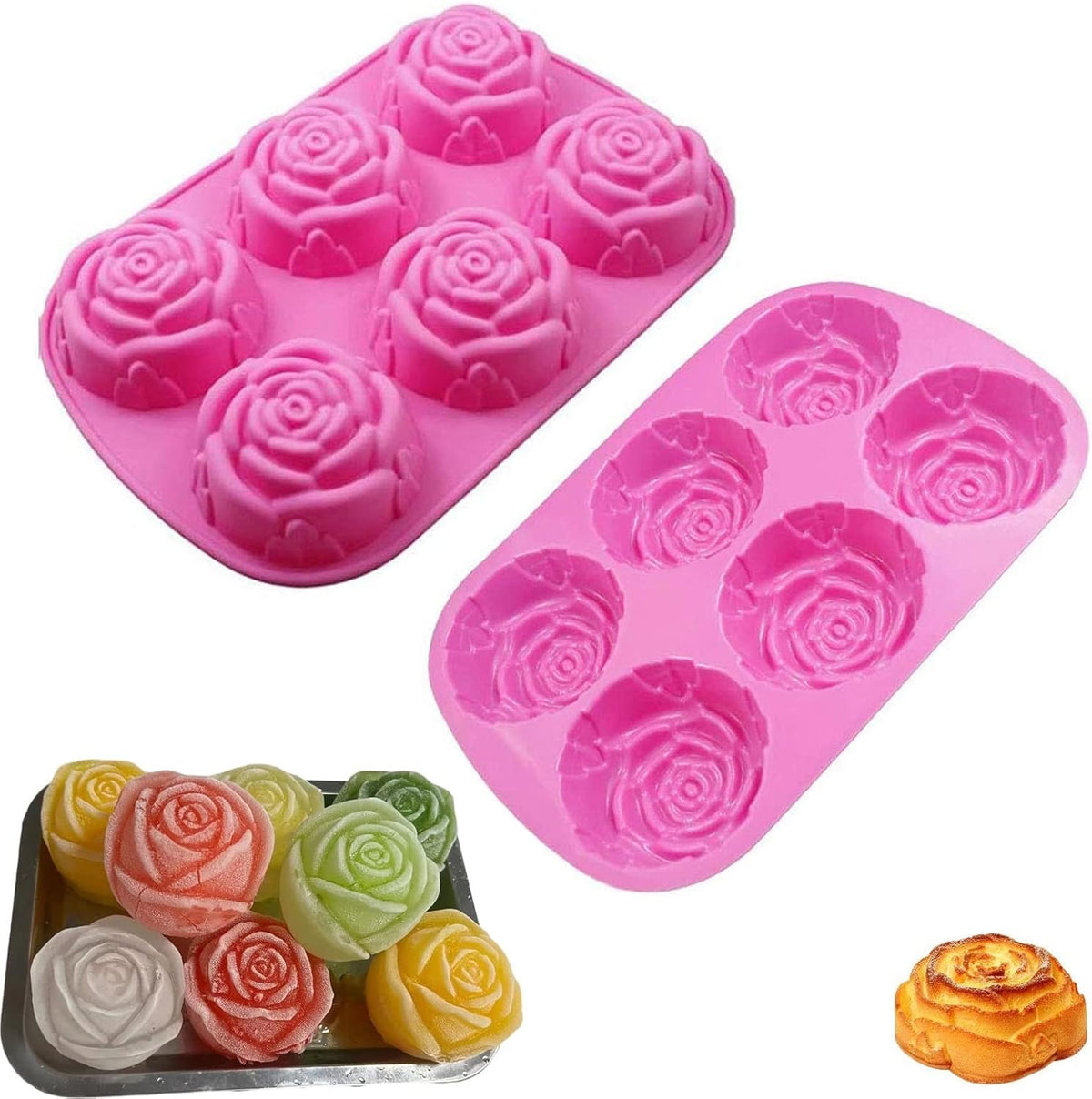 Rose Silicone Mold, 6 Cavity Flower Design, Pink, Platinum Food Grade, Microwave Dishwasher Safe, for Soap Making, Baking, Chocolate, Bath Bombs
