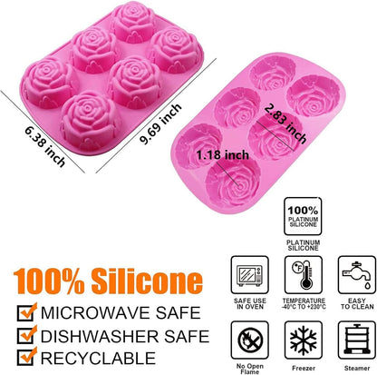 Rose Silicone Mold, 6 Cavity Flower Design, Pink, Platinum Food Grade, Microwave Dishwasher Safe, for Soap Making, Baking, Chocolate, Bath Bombs