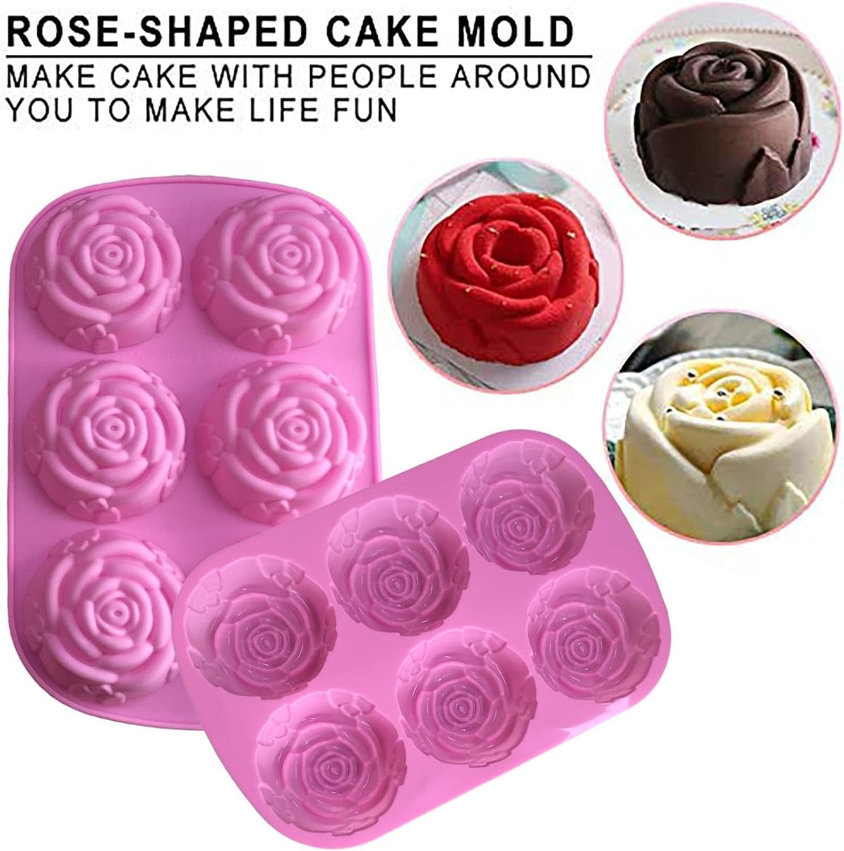 Rose Silicone Mold, 6 Cavity Flower Design, Pink, Platinum Food Grade, Microwave Dishwasher Safe, for Soap Making, Baking, Chocolate, Bath Bombs