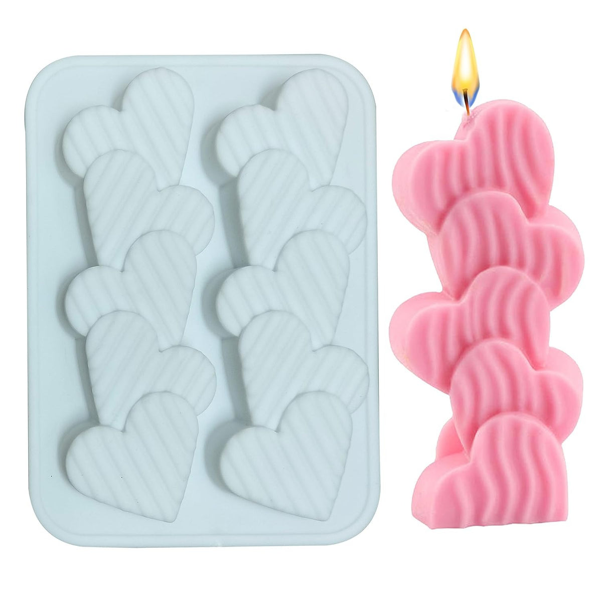 2 Cavity Stript Heart Shape Candle Mould, Joint Heart Flower Candle Mould for Candle Making Multi-Purpose Silicone Mould for Chocolate Resin soap (4.5 x 3.7 x 0.5 Inch)