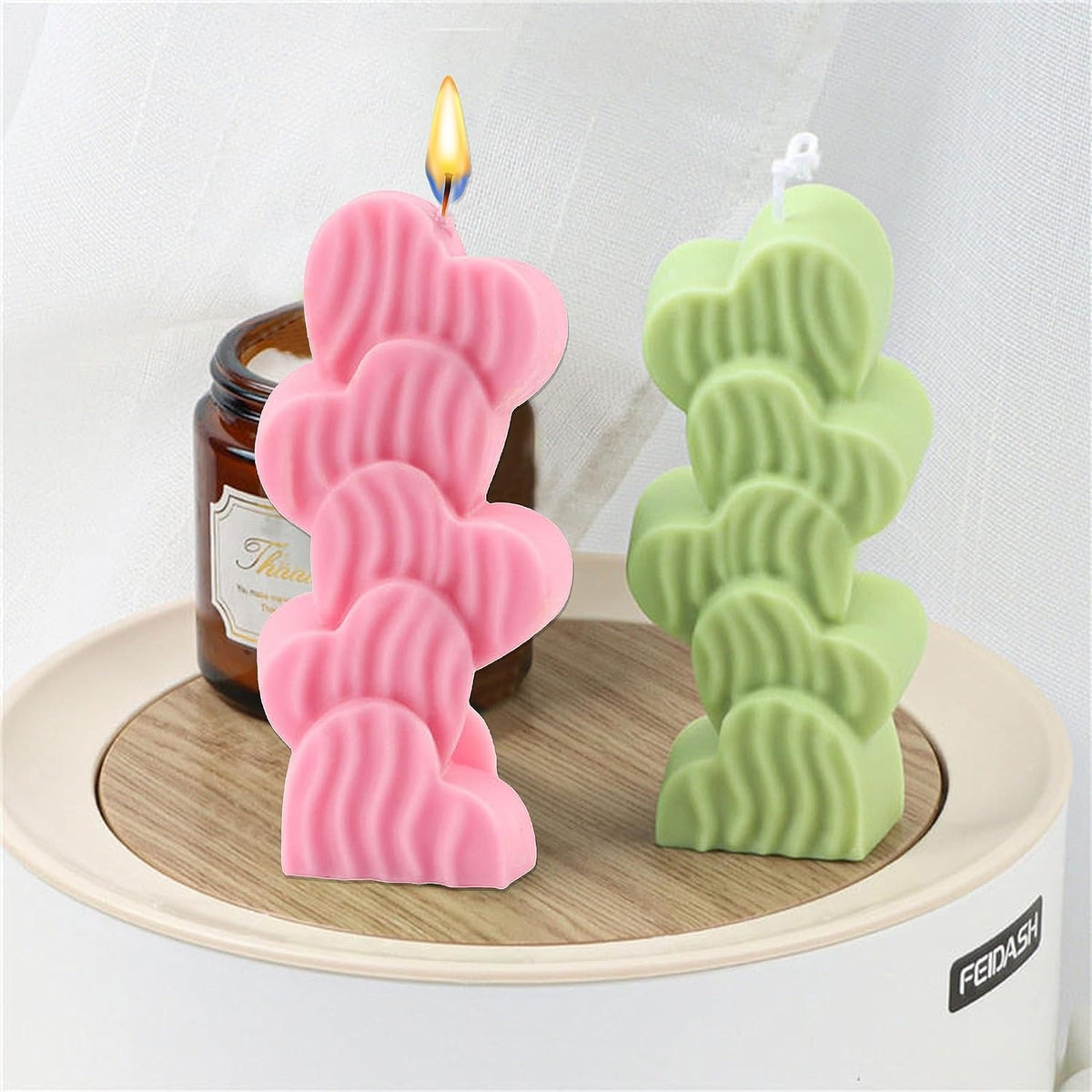 2 Cavity Stript Heart Shape Candle Mould, Joint Heart Flower Candle Mould for Candle Making Multi-Purpose Silicone Mould for Chocolate Resin soap (4.5 x 3.7 x 0.5 Inch)