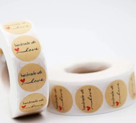 1 Inch "Handmade with Love" Kraft Paper Sticker Roll | Packaging stickers | Gift wrapping labels | Eco-friendly stickers | Pack of 500