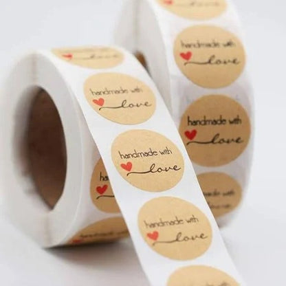 1 Inch "Handmade with Love" Kraft Paper Sticker Roll | Packaging stickers | Gift wrapping labels | Eco-friendly stickers | Pack of 500