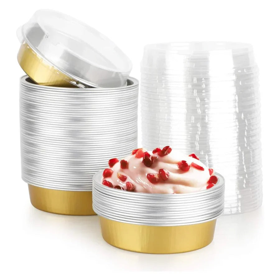 125 ml Gold Round Shape Aluminum Foil Baking Containers with Transparent Lid | Round Tins | Bake N Serve | Pack of 10