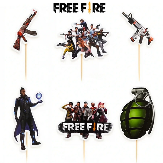 Free Fire Game Theme Paper Cake Toppers | Freefire Gamer Decorations | Video Game Inspired Cake Toppers | Pack of 6