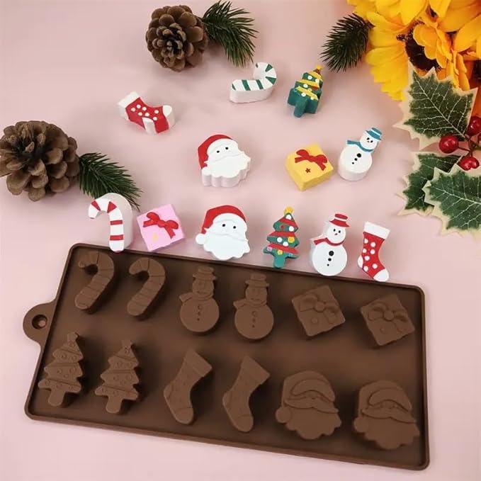 12 Cav Christmas Silicone Mould Santa Clause Christmas Tree Snowman Candy Cane Gift for Chocolate Candy Jellies, Candies, Ice Cubes, Wax Melts, Soaps, Candles