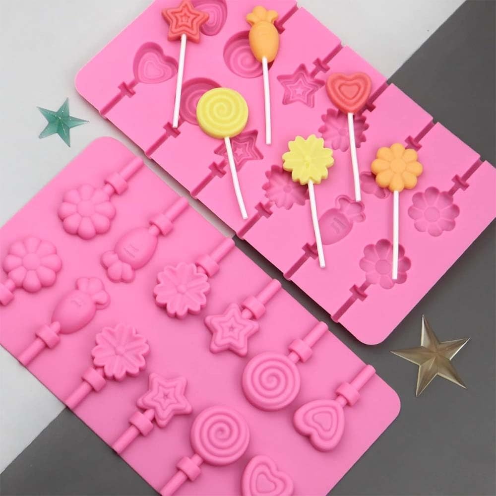 Silicone Lollipop Mold,12 Cavity Heart Star Flower Carrot Round Shape Hard Candy Mold for Chocolate, Homemade Cake Pops Mould for Ice Cream, Chocolate, Ice Candy, Lolipop