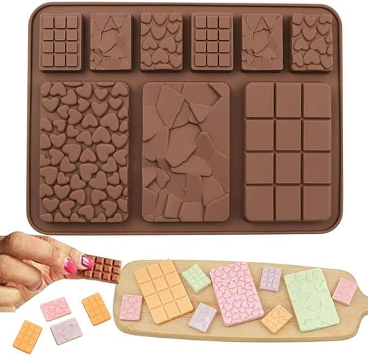 Assorted Chocolate Bar Mould Silicone Chocolate Bar Moulds Multiple Shapes Mini Heart Cracks Small Cadbury Mold for Cake Decorating Candy Jelly Chocolate Waffle Size
