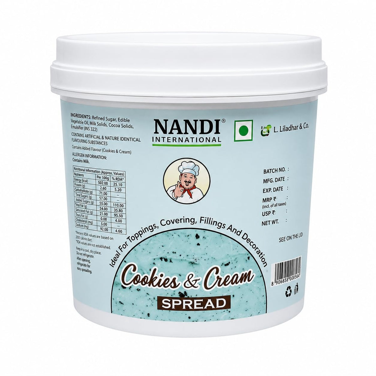 Cookies & Blue Cream Spread 1 Kg | Creamy Dessert Topping & Filling | Blue Cookie Flavoured Spread for Cakes, Cupcakes, Pastries, Waffles & Desserts