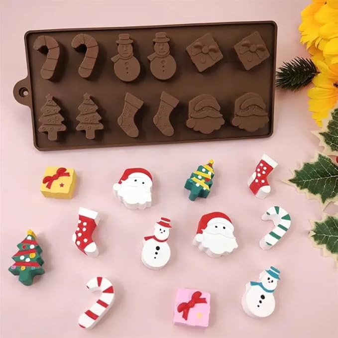 12 Cav Christmas Silicone Mould Santa Clause Christmas Tree Snowman Candy Cane Gift for Chocolate Candy Jellies, Candies, Ice Cubes, Wax Melts, Soaps, Candles