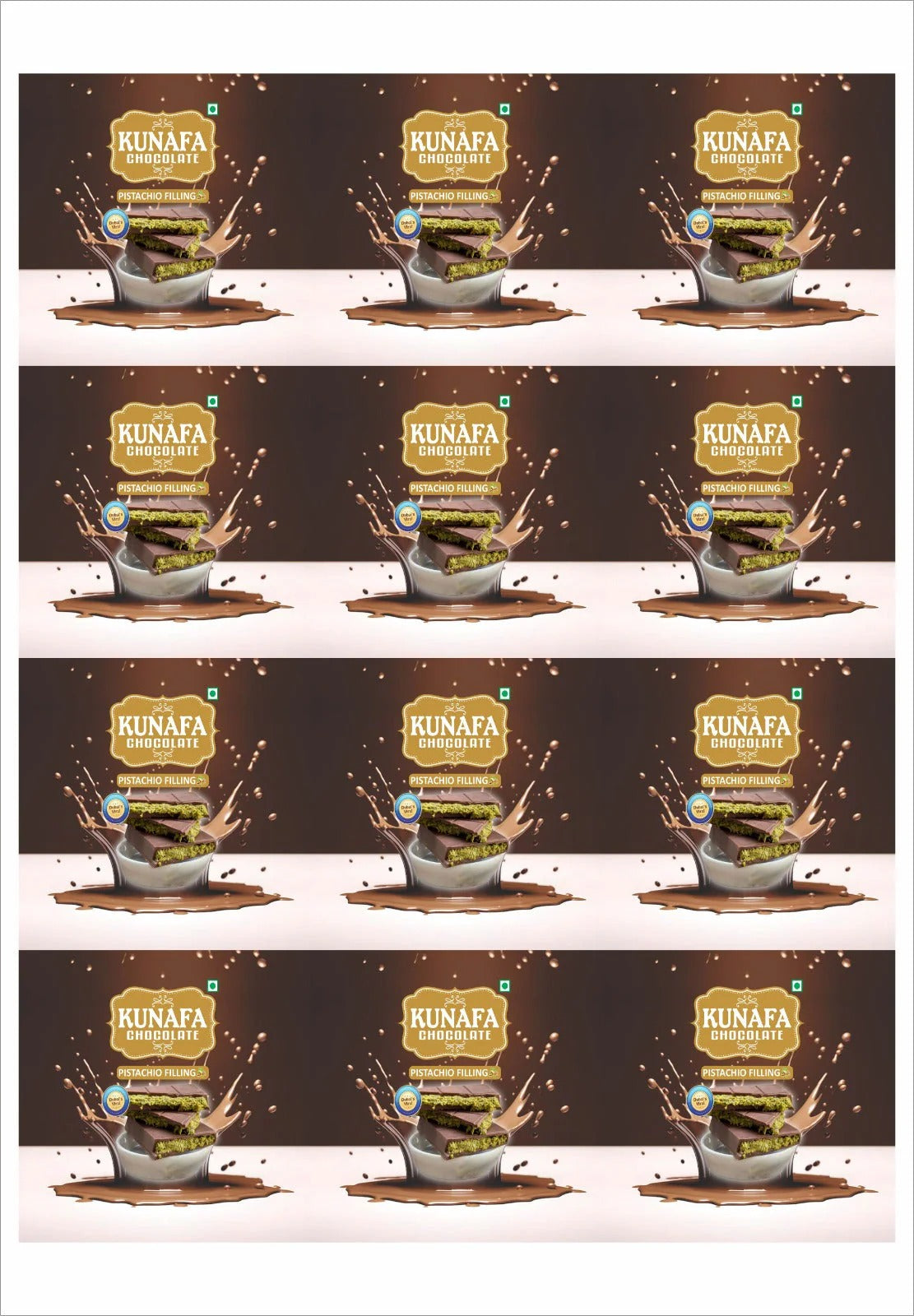 Kunafa Bar Sticker for 20-40 gm Chocolates (1 sheet of 12 Stickers) 4*4 inch