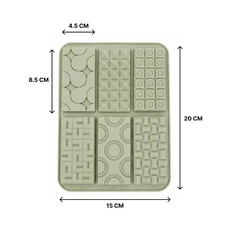 6-Cavity Silicone Chocolate Bar Mold | Assorted Geometric Pattern Chocolate Mould