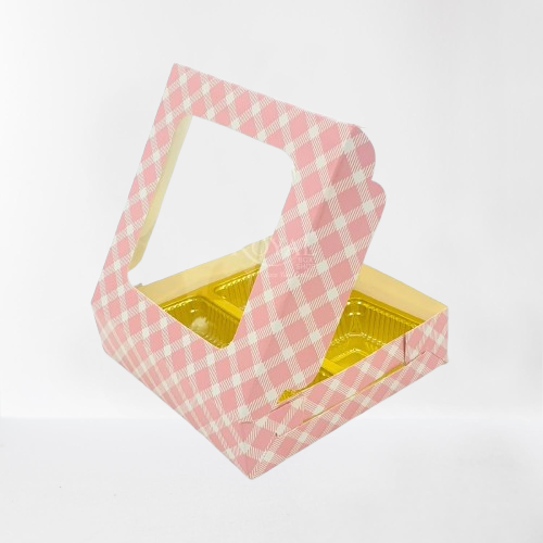 4 Cavity Chocolate Boxes with Window (Set of 10) Pink Check