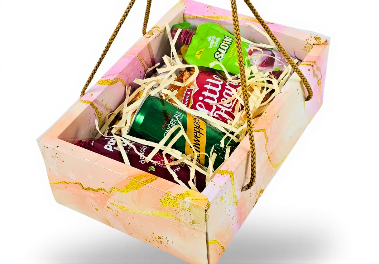 Pink Marble Print Premium Gift Hamper Bags with Transparent Lid  { 10x6.75x3.5 inches }