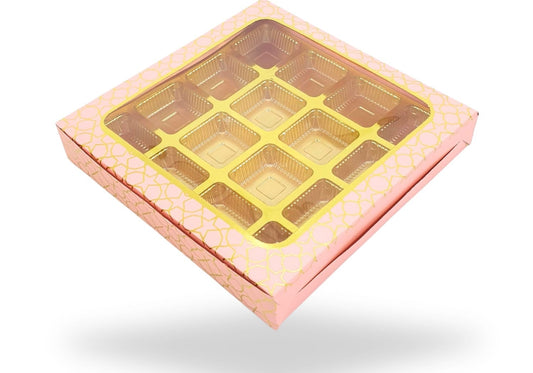 16 Cavity Chocolate Boxes I 7.5 x 7.5 x 1.25 inch I Pink With Golden Foiling (Set of 10)