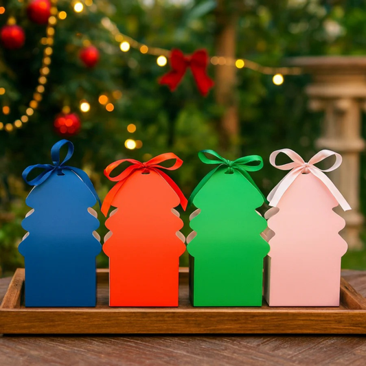 Christmas Tree Shaped Goodie Box with Satin Ribbon (Red & Green Colour) | Christmas Goodie Box | Pack of 10